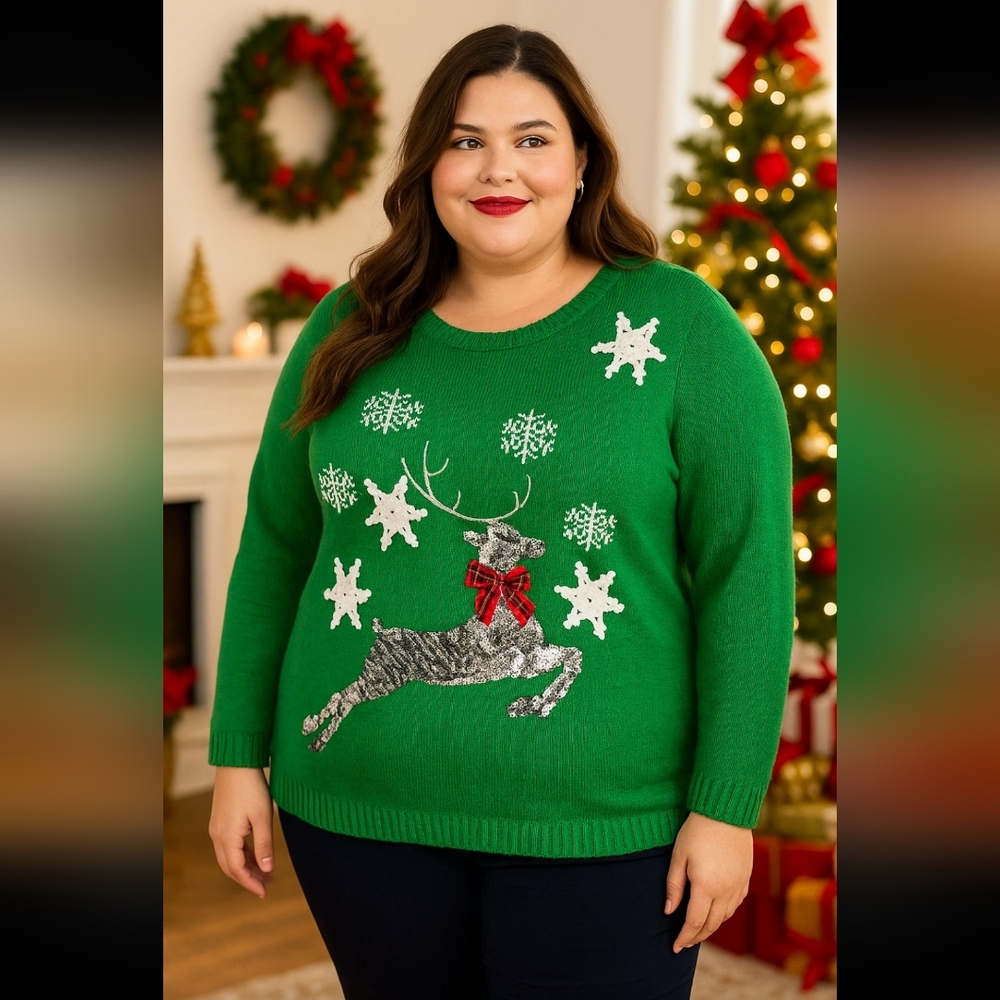 KAREN SCOTT Green Embellished Holiday Sweater Sequin Reindeer &  Snowflakes